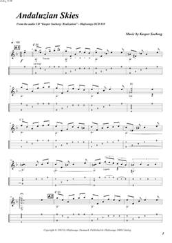 "Andaluzian Skies\' by Kasper Søeborg<BR>Album: "Realization"<BR>PDF sheet music / TAB for download<BR>Standard guitar tuning: E-A-D-G-B-E