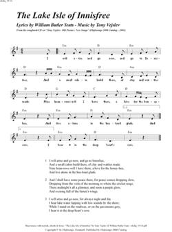 "The Lake Isle of Innisfree"<BR>By Tony Vejslev & William Butler Yeats<BR>From the songbook/CD set "Old Poems - New Songs"<BR>Sheet music